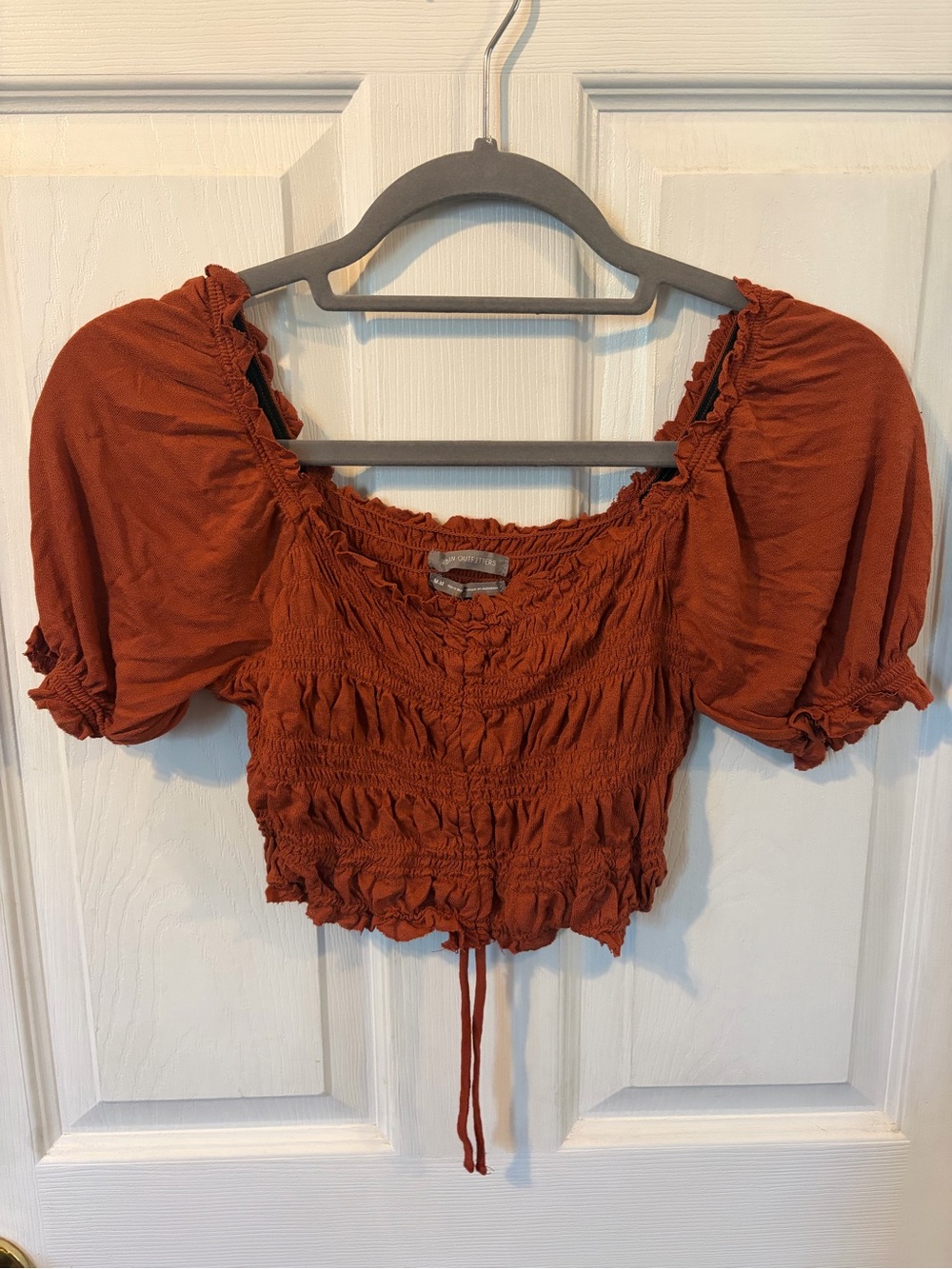 Urban Outfitters UO Shay Smocked Rust Orange Smocked Puff-Sleeve Crop Top